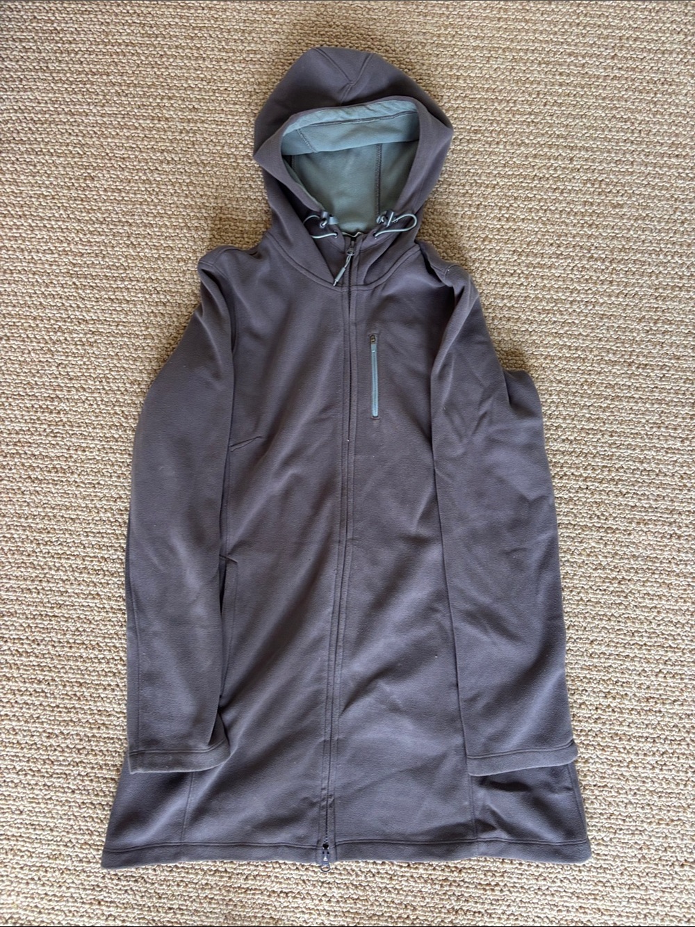 Athleta Long Hooded Windbreaker in Charcoal with Sage Lining